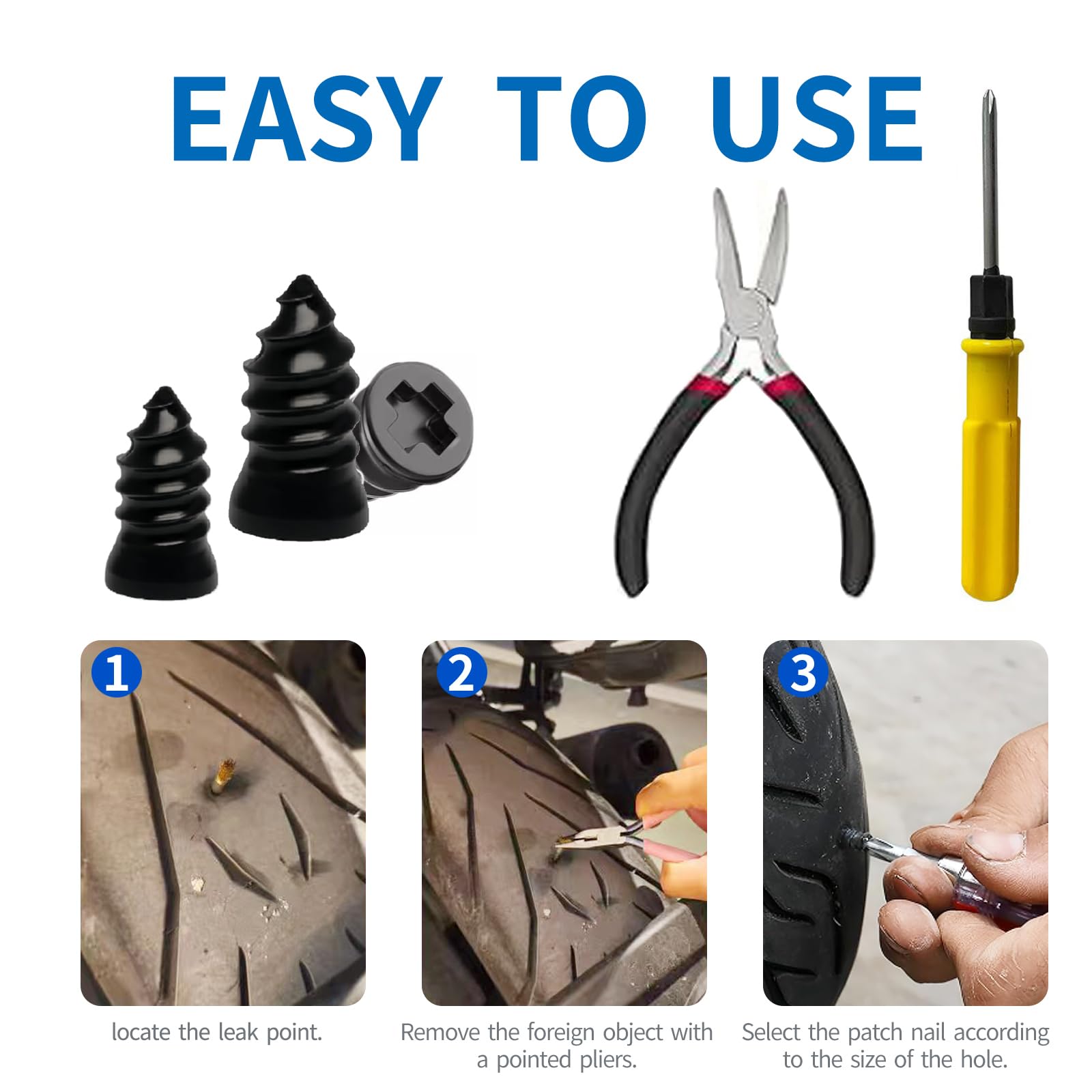 Tire Repair Rubber Nail Kit with Extraction Pliers, Screwdriver and Gloves - 40 PCS Vacuum Tire Repair Screws, Emergency Tubeless Tire Plug Kit for Car, Motorcycle, Truck, SUV, ATV - 4