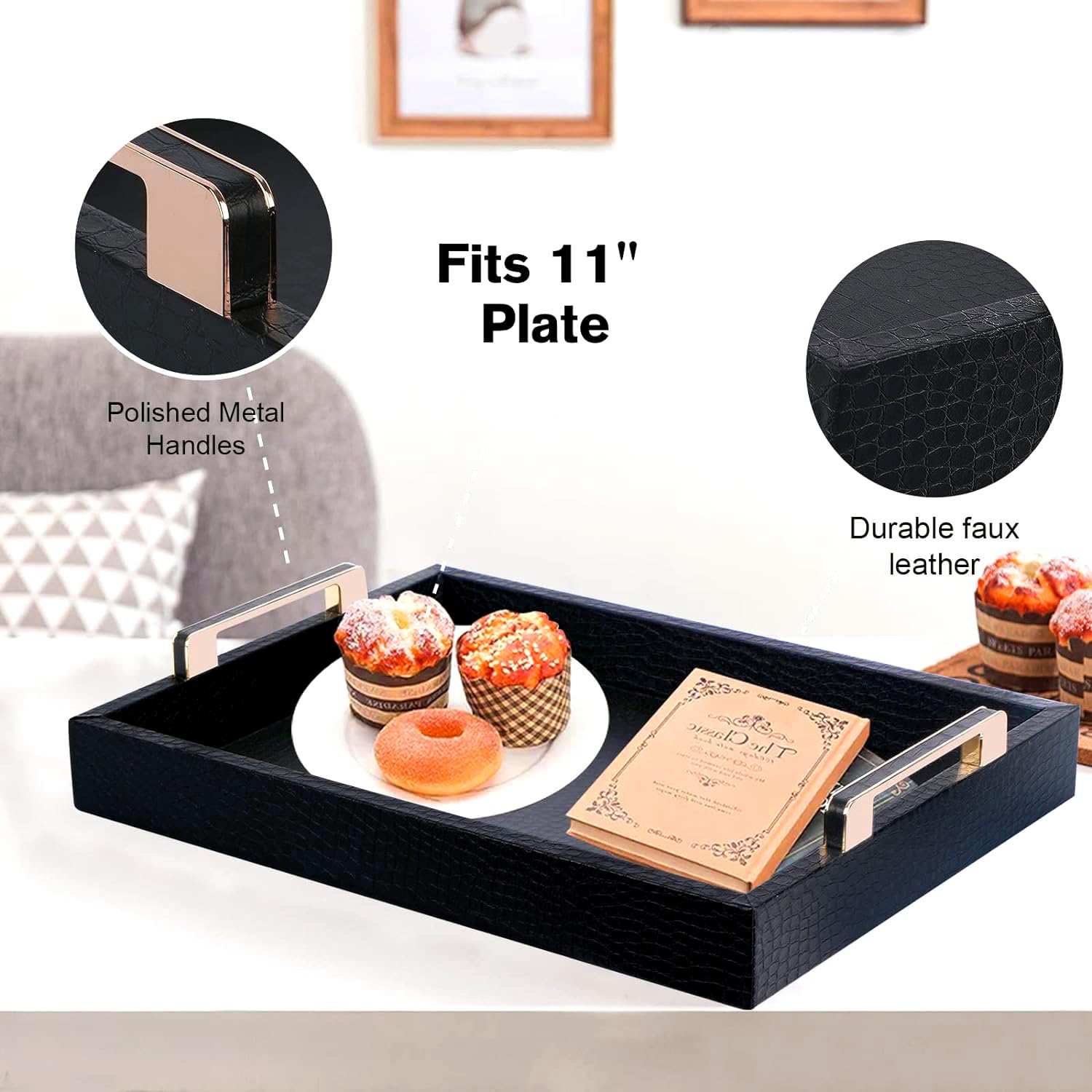 Bandeja de servir negra con asas, bandeja decorativa grande de piel sintética de cocodrilo, mesa de café, bandejas rectangulares otomanas para decoración del hogar, para todas las