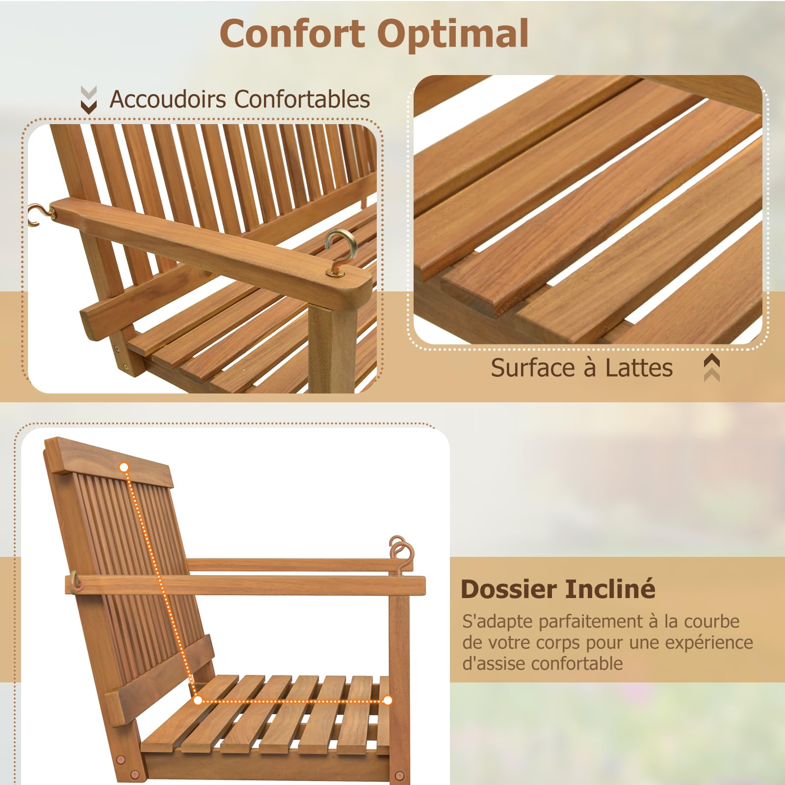 GOPLUS - Columpio de porche de 2 plazas de madera de acacia, silla colgante para 2 personas, asiento y respaldo con lamas, capacidad 360 kg, columpio para jardín, patio, 130 x 63 x 57 cm natural