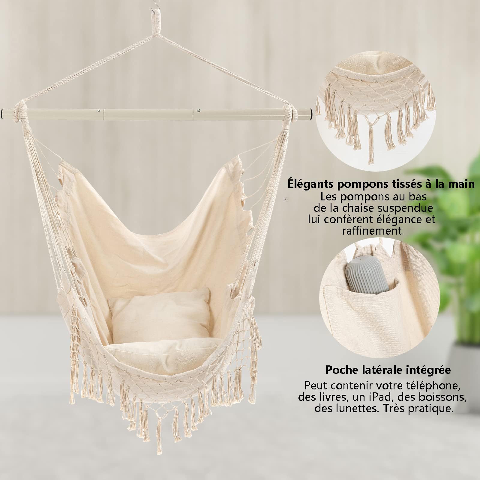 Chaise hamac, siège Suspendu avec 2 Coussins, Chaise Suspendue en macramé avec Poche latérale et Tige métallique à Haute capacité de Charge, pour l'intérieur et l'extérieur.