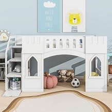 MERITLINE Twin Castle House Loft Bed with Stairs and Storage,Solid Pine Wood Playhouse Low Loft Princess Bed with Storage Staircase Twin,White