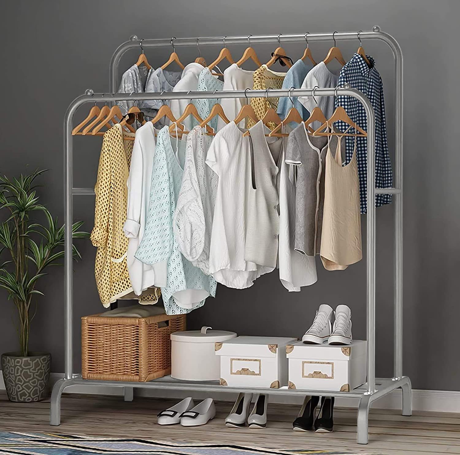 Lukzer Multipurpose Metal Double Garment Rack with 1 Bottom Shelf Heavy Duty Cloth Rail Coat Jacket Hanger Unique Display Stand (Silver/ 55.5 x 110 x 148 cm/MGS-002)