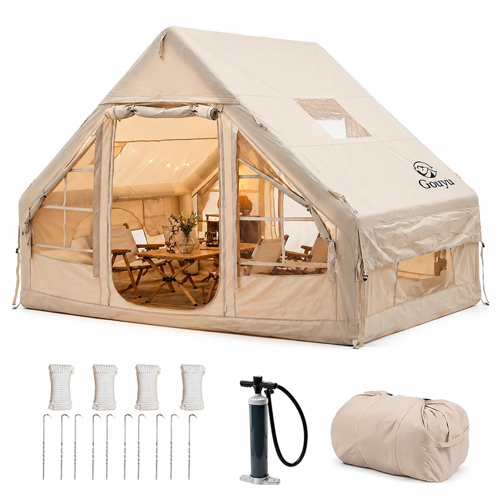 Gouyu 4-6 Person 4 Season Air Tent with Pump, Easy Setup Waterproof Windproof Inflatable Family Camping Tent, Chimney Opening & Roof Window (A)