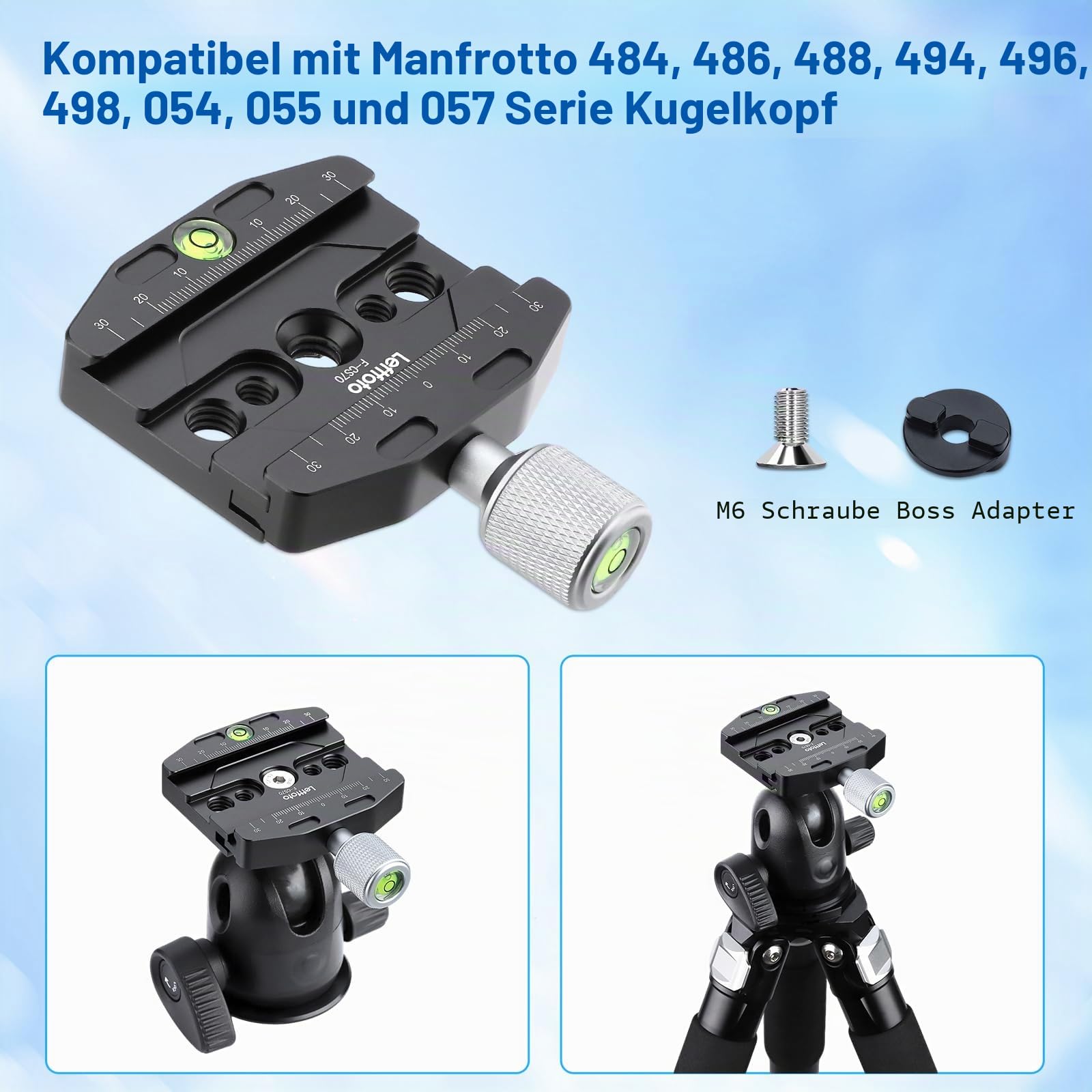 Ersatz-Adapter mit 70 mm Arca-Swiss-kompatibler Schnellspannklemme für Manfrotto RC2 Standard-Stativ-Kugelkopfklemme, Ersatzkonverter