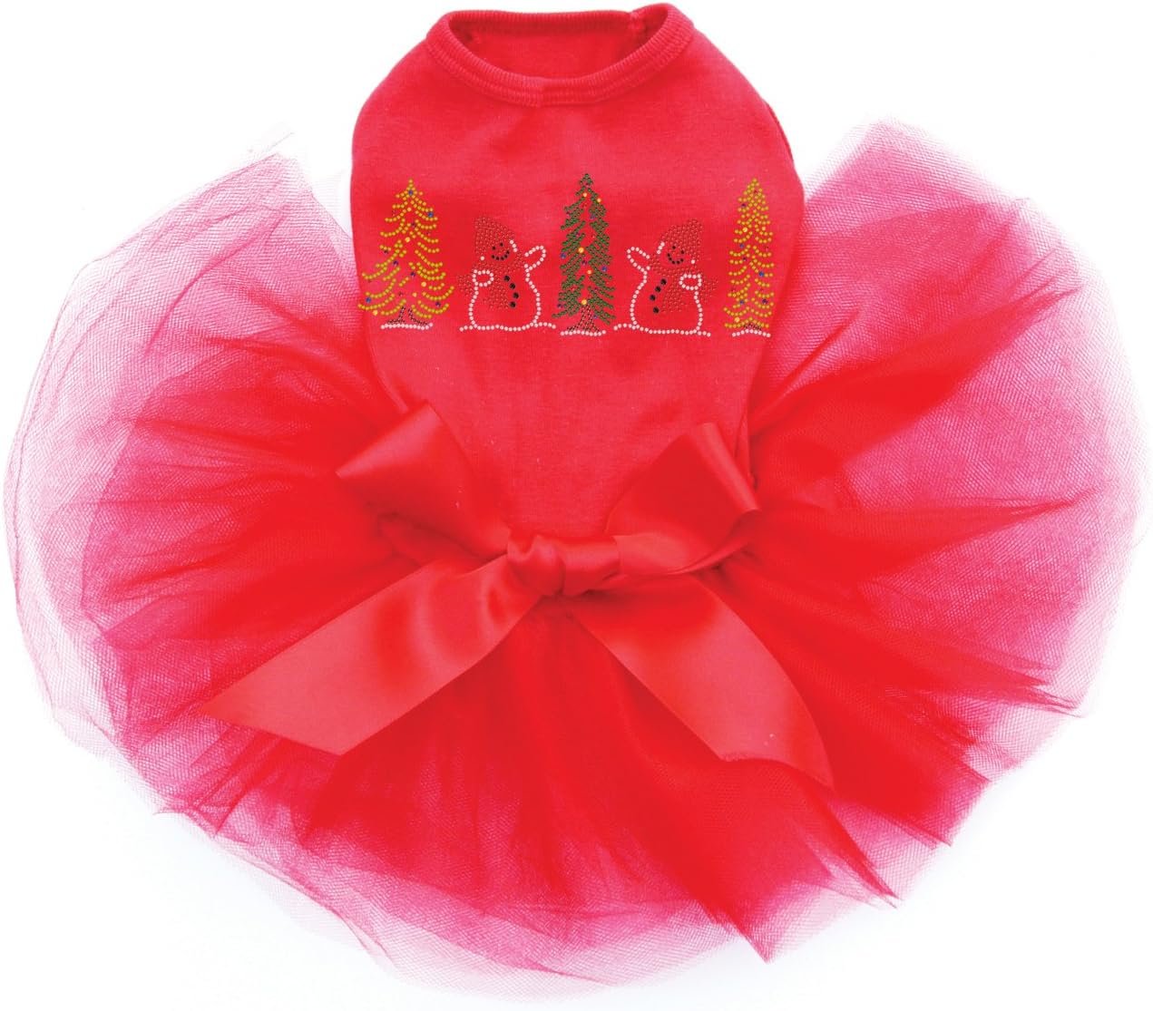 Two Snowmen in Trees - Bling Rhinestone Christmas Dog Tutu Dress, XXS Red