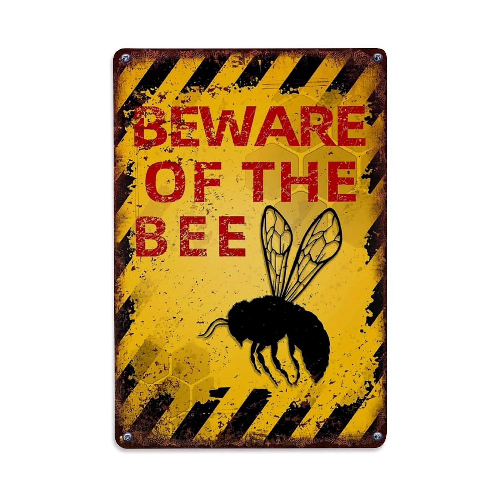 Beware Of The Bee Sign Retro Metal Tin Sign, Vintage Metal Poster for Bar, Home, Man Cave, Kitchen, Laundry Room Art Decor 8x12 Inch