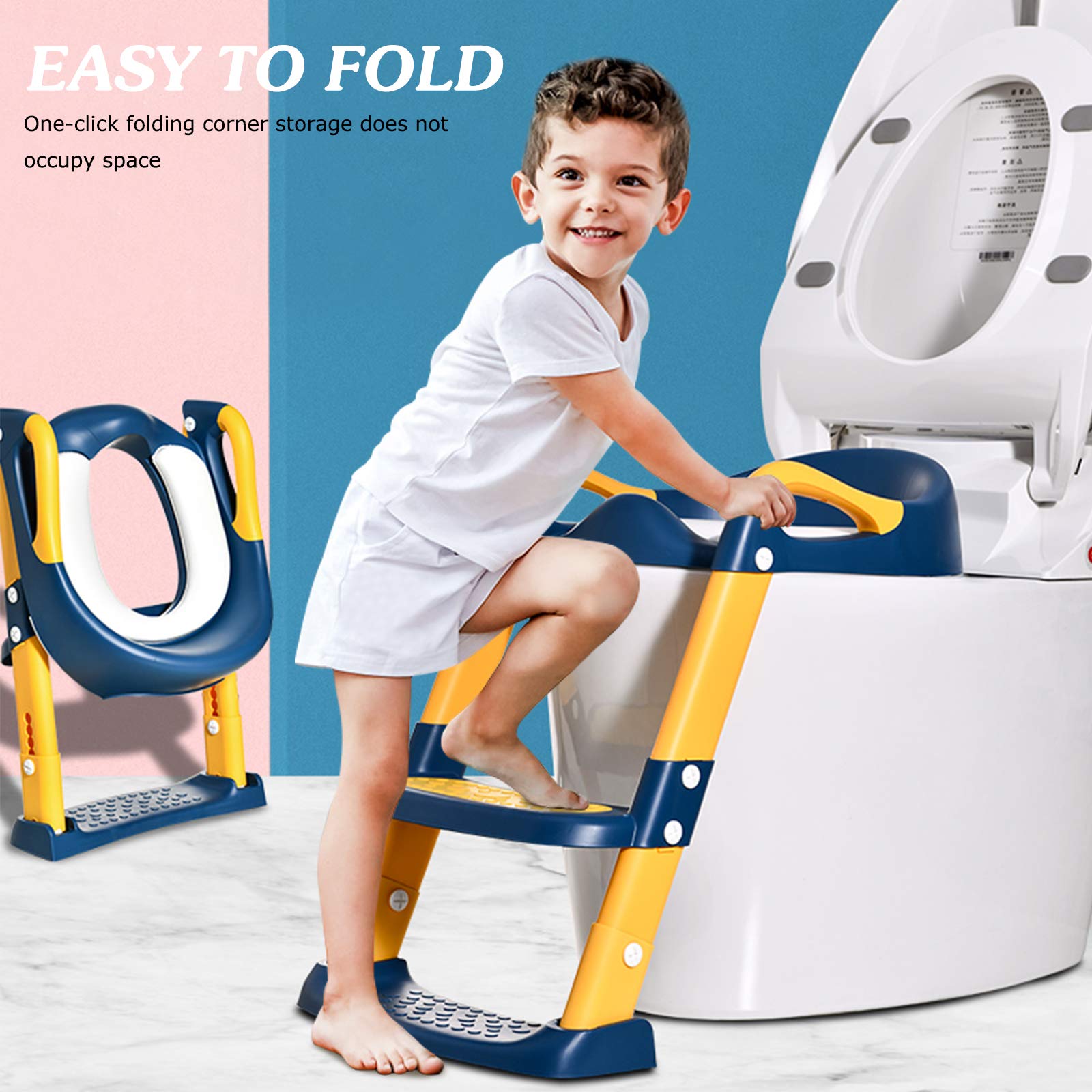Riduttore WC per Bambini con Scaletta Pieghevole Regolabile in Altezza Antiscivolo con Cuscino Scala Paraspruzzi Sedile da Allenamento con Sgabello Toilette Trainer per Bambini
