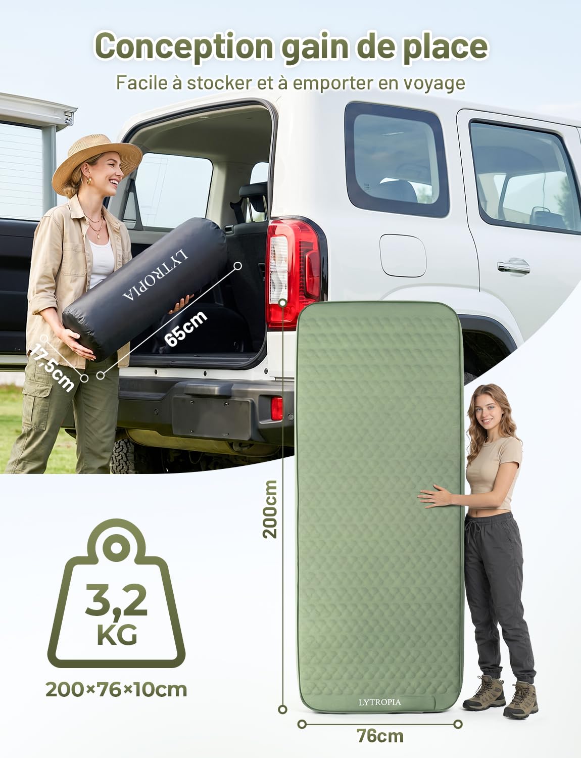 Matelas Gonflable 1 Place, Autogonflant, Pompe à Air Électrique | 10cm Épais, Pompe USB-C Gonflage 60s, Anti-Déchirure, Sangles Module, Convient Camping Randonnée Plage