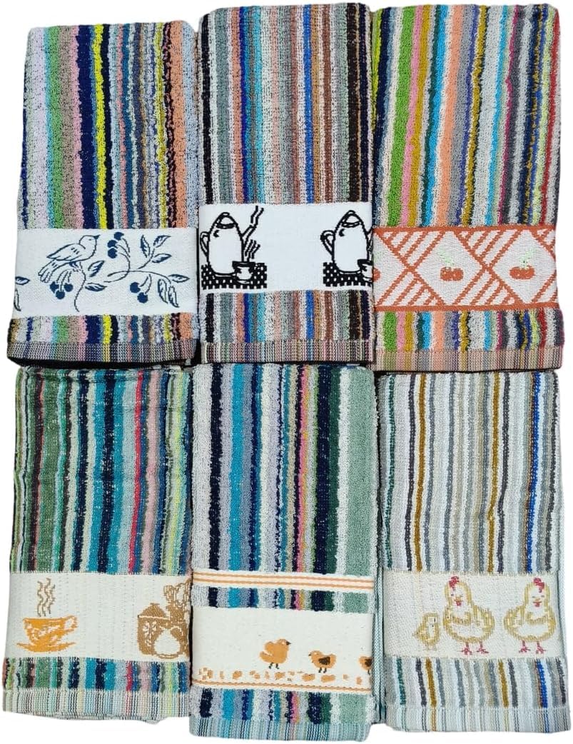 ZD Paños de Cocina RIZO 100% Algodón Multicolor Rayas Con Dibujo Bordado Pack 12 Toallas de Cocina