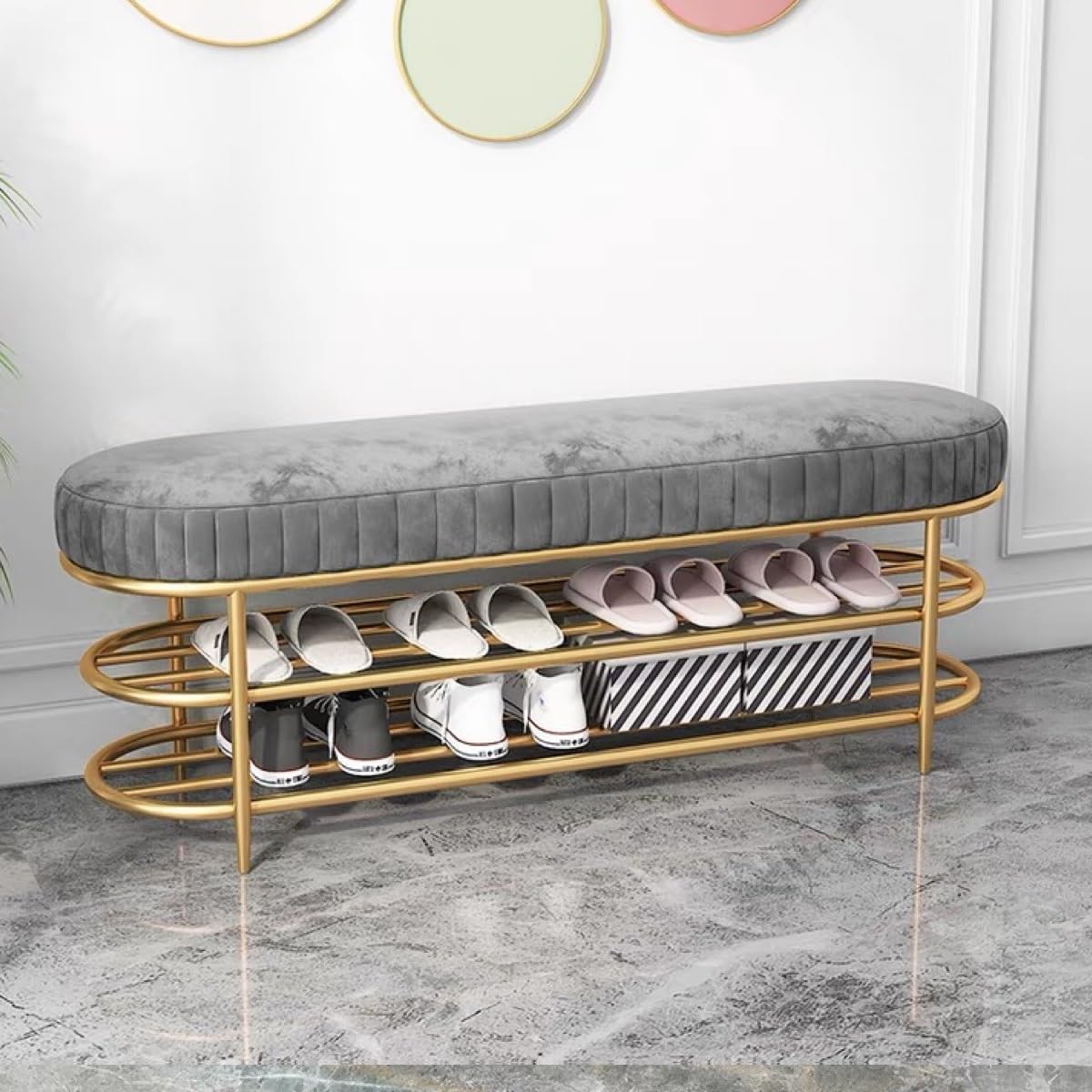 LWJSOCP Upholstered Fabric Shoe Bench with Storage and Gold Legs Gray Entryway Bench for Shoe nization and Home Decor (39.3")