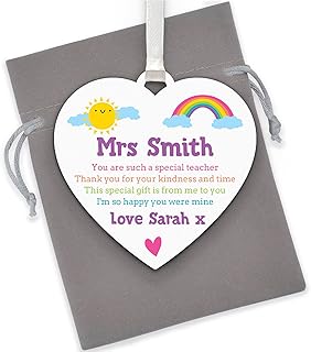 PERSONALISED Teacher Rainbow Thank You Gifts - Special Teacher Appreciation Gifts - End of Term Gifts for Teaching Assistant, Key Worker - Teachers Hanging Wooden Heart Plaque Gifts - With Grey Bag