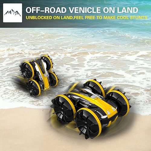 Miniatura 9 de STEMTRON Coche de control remoto verde de 2.4 GHz, auto de acrobacias a control remoto de doble cara que corre rápido y VOLANTEXRC amarillo anfibio