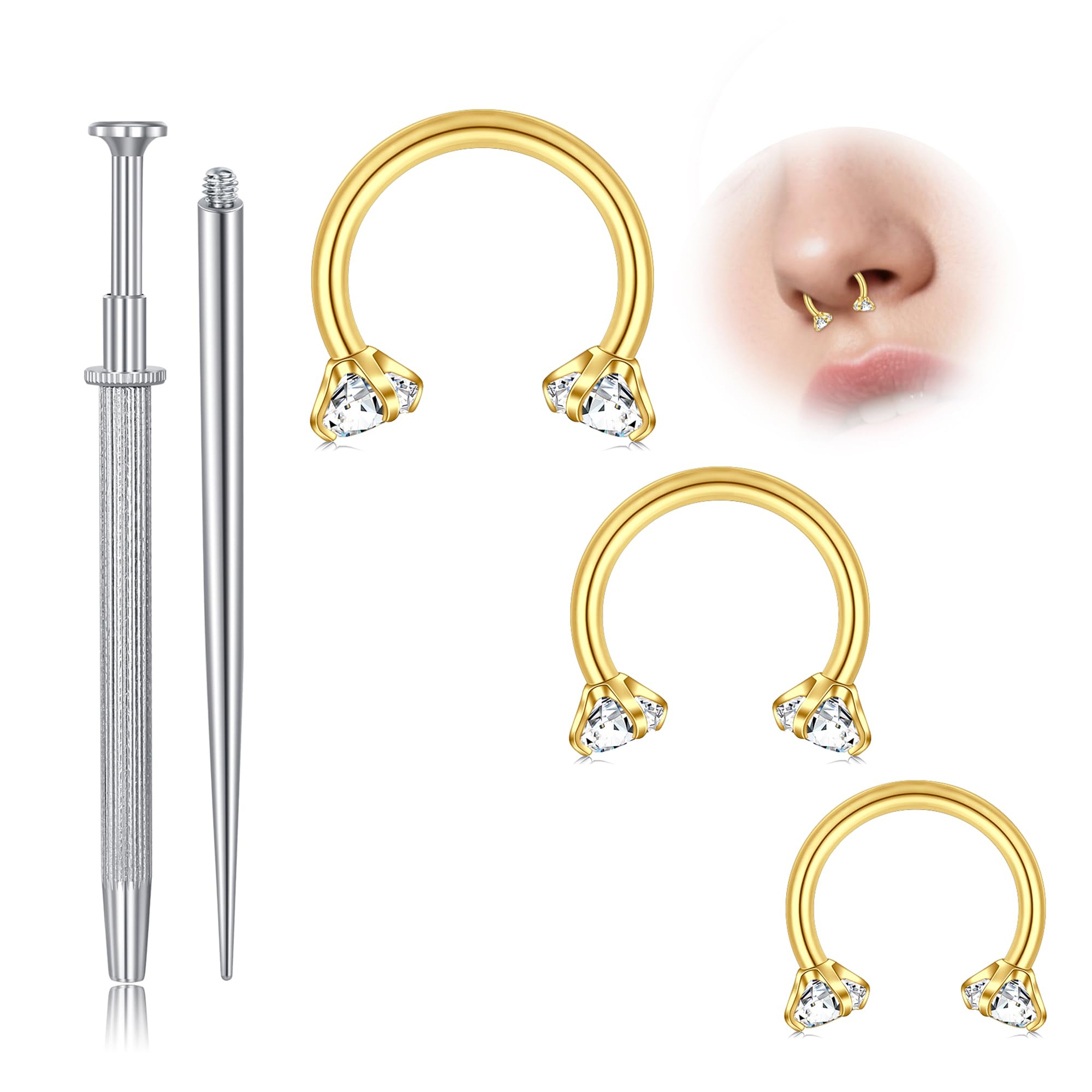 Longita 20g 18g Horseshoe Nose Ring for Women Double Gem Horse Shoe Nose Ring Hoop Surgical Steel Silver Gold Cartilage Helix Tragus Earring Hoops