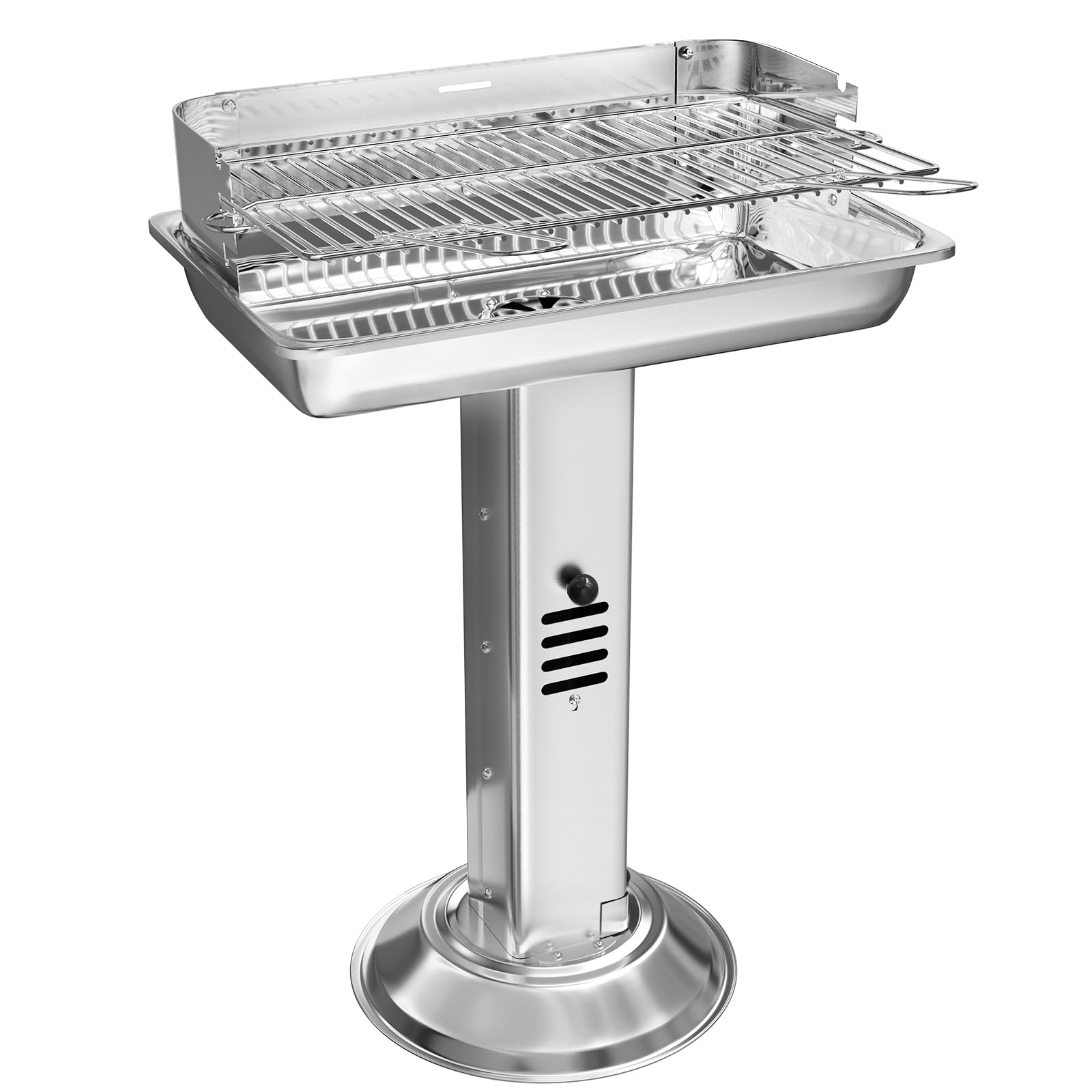 TLGREEN Barbecue à charbon de bois en acier inoxydable, Barbecue à colonne 52*32*84cm, Hauteur réglable en 3 directions, avec grille de chromée, ventilation et Cendrier, Plage, Outdoor, Camping, BBQ