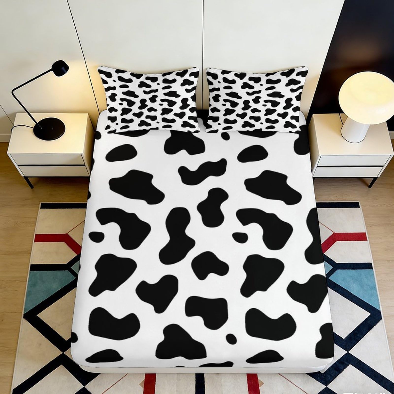 Stylish Cow Print Fitted Sheet 3D Printed Microfiber, Soft Touch, Bed Cover for Bedroom Guest Room, Wrinkle Resistant, Apartment Bedding, Black White, 120x200cm 90x200x25cm