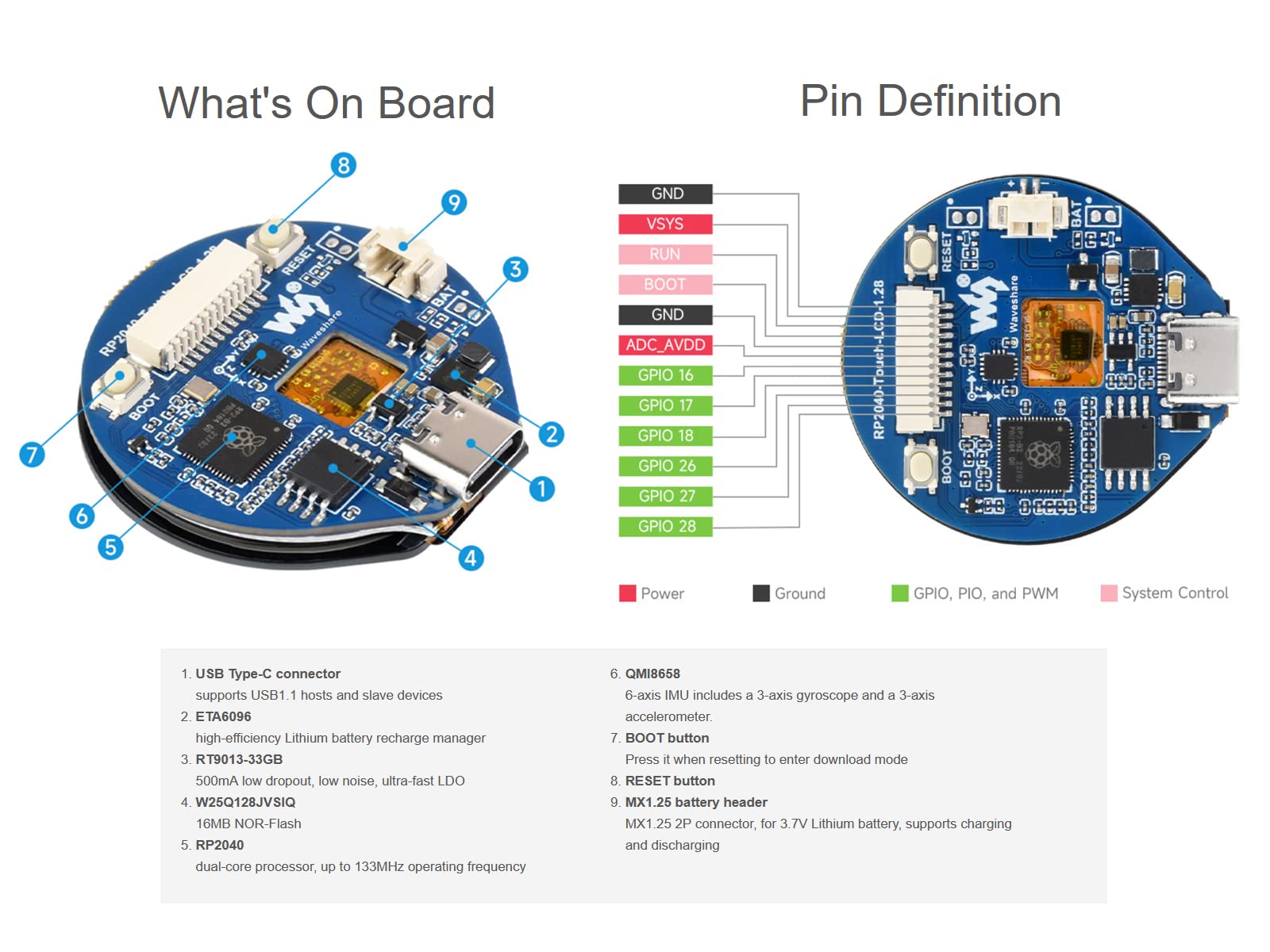 Écran Tactile Rond de 1.28 Pouce Basé sur Raspberry Pi RP2040 Puce de Microcontrôleur, Écran IPS 240x240 Pixels 65K Couleurs RGB, Connecteur Type-C Intégré, Capteur d'accéléromètre, etc.