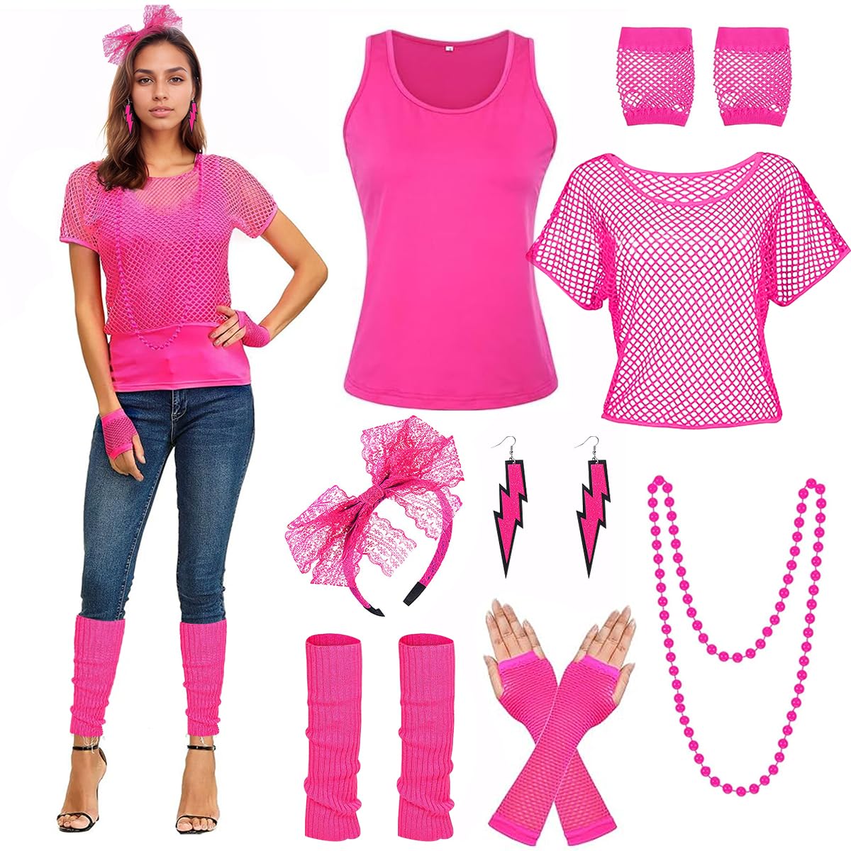 Disfraz Años 80 Mujer, Camiseta Rejilla, Chaleco, Diadema, Guantes de Malla, Calentadores de Piernas, Halskette, Ohrring, Disfraz años 80 Ropa Accesorios para Carnaval Fiestas Neon