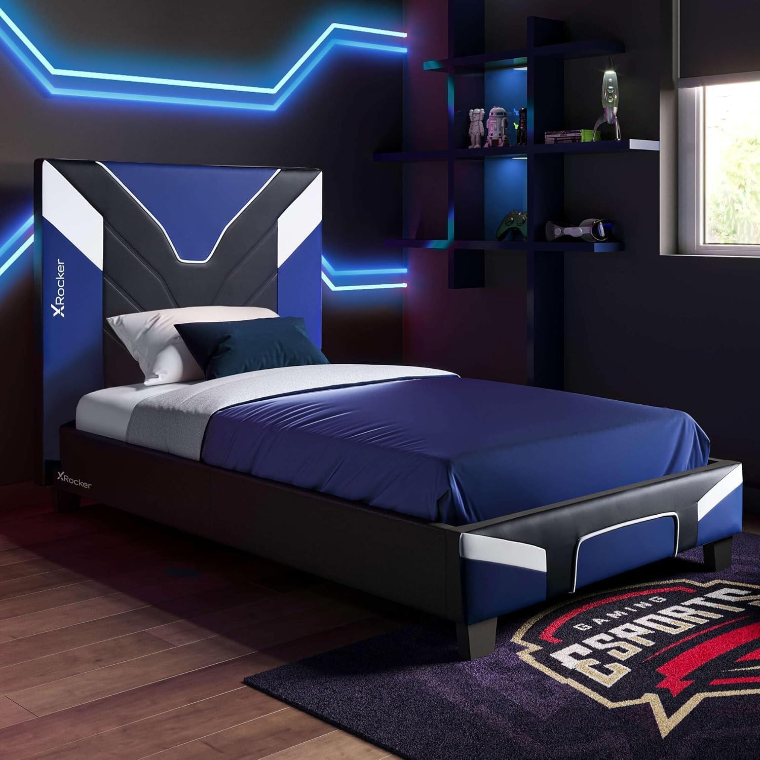 X-Rocker Cerberus Gaming Bed 90 cm Single Bed Wooden Slats PU Leather Headboard Low Footboard Ideal for Teens Kids Gaming Inspired Blue 90 x 190 cm