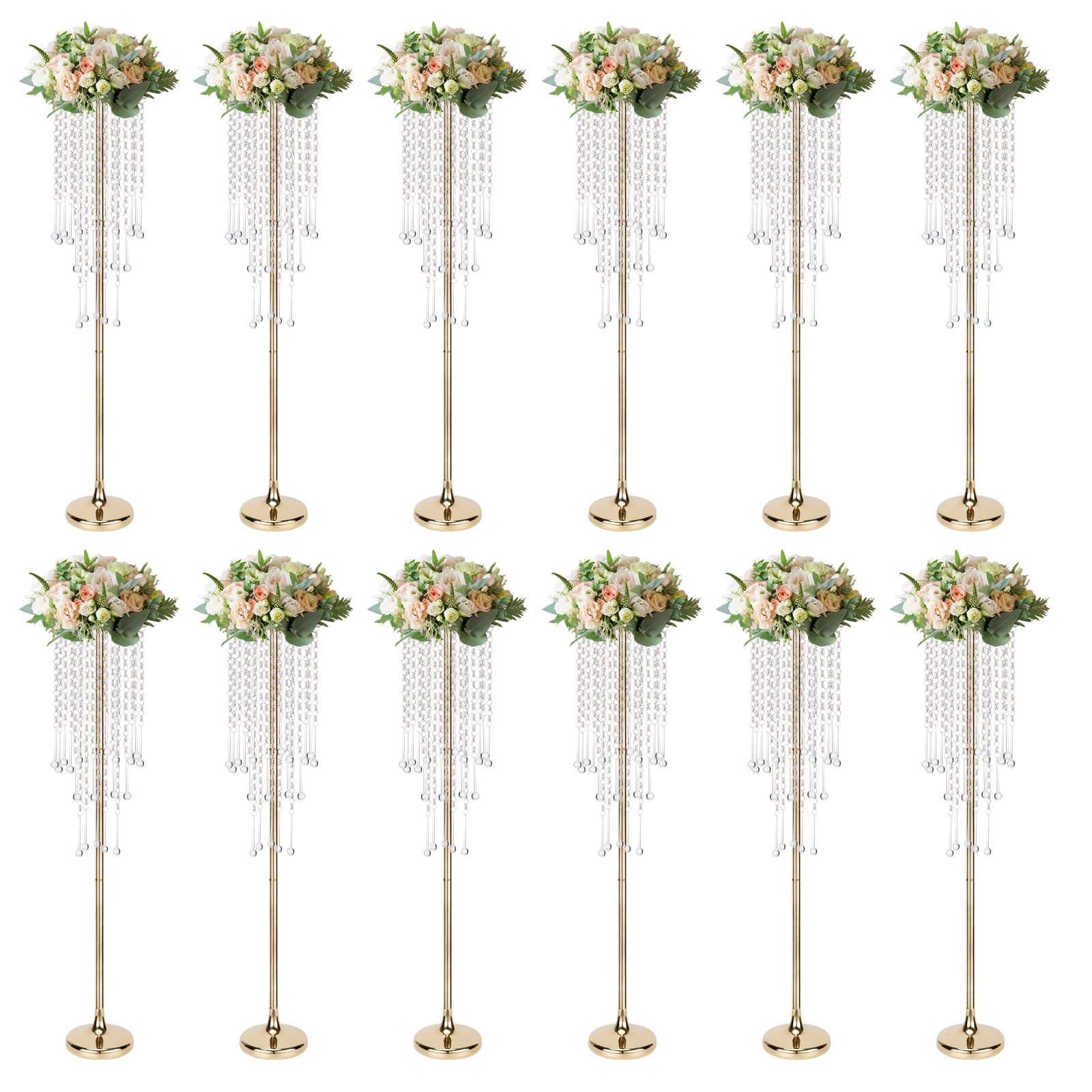 12 PCS 39.4 in/100cm Tall Flower Stand Wedding Centerpieces,Gold Metal Vases with Crystal Pendant,Floor Flower Display Rack Centerpieces for Party,Event,Wedding,Road Lead