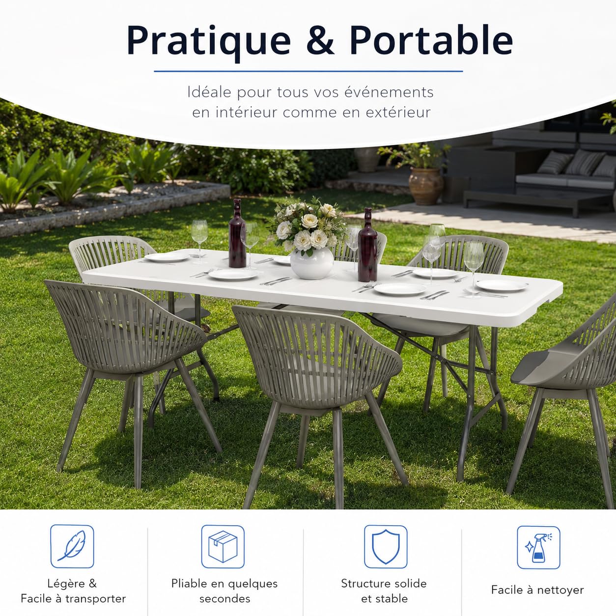 LPVS Table Pliante 180x70x74 cm - Jardin Extérieur Camping 6/8 Personnes | Entreprise Française - Table de Jardin Pliante - Polyvalente - Charge 175 kg