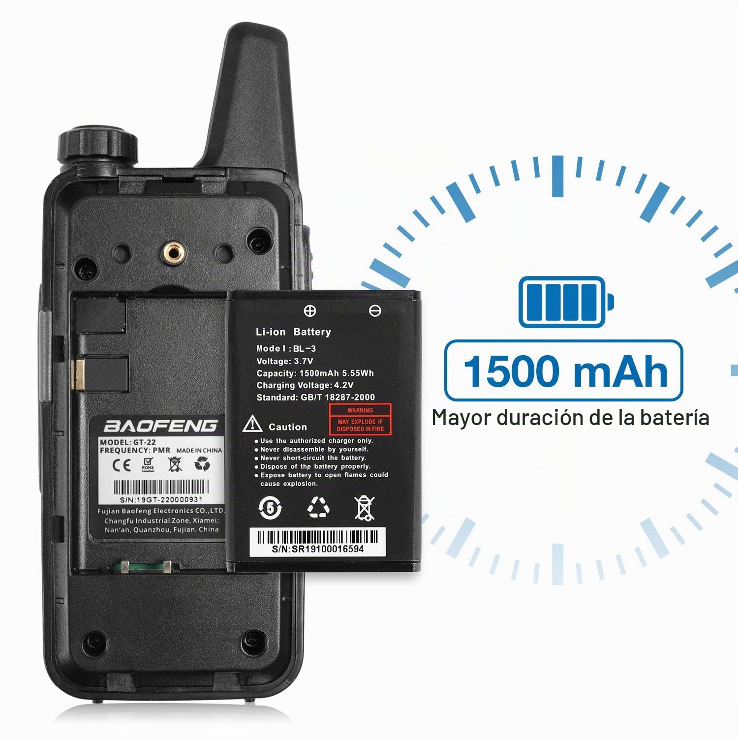 Baofeng GT-22 Walkie Talkie Profesional, PMR446 Sin Licencia Walkie Talkie Recargables Carga Micro USB, 16 Canales, Auriculars, Batería de 1500 mAh, versátil y fácil de Uso con