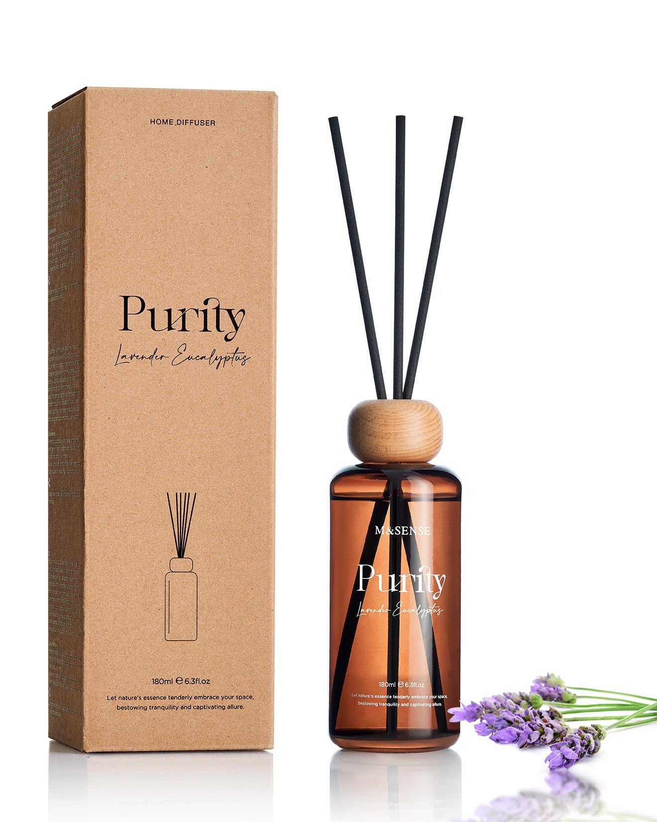 M&SENSE Lavender Eucalyptus Reed Diffuser: 6.3 fl oz Non-Toxic Aroma Set with Sticks, Light & Subtle Fragrance, Long-Lasting Natural Essential Oil Gifts for Bedroom, Shelf Decor & Small Spaces
