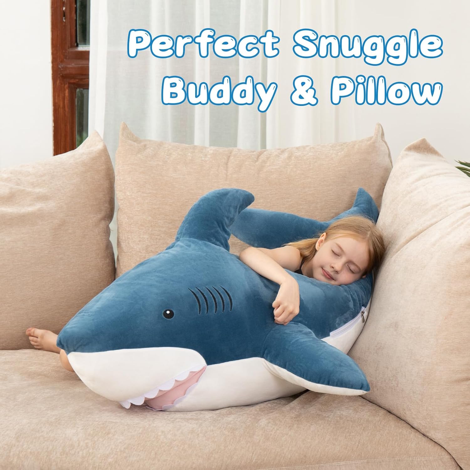 MorisMos 51inch Giant Shark Stuffed Animal, Large Shark Plush Toy Pillow Gift for Kids, Girlfriend, Blue