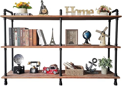 Miniatura 9 de Estantería industrial larga de 3 niveles, estantería de metal industrial para entrada (marrón envejecido, 60 pulgadas de largo x 11.8 pulgadas de