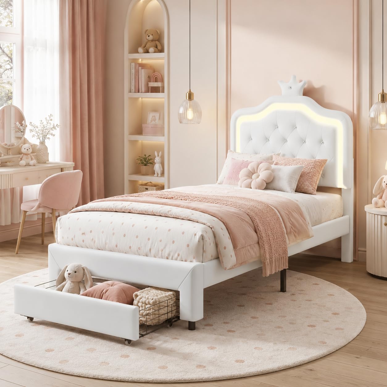 PerGar LED PU Leather Bed Frame, White Princess Crown 3ft Single Bedstead