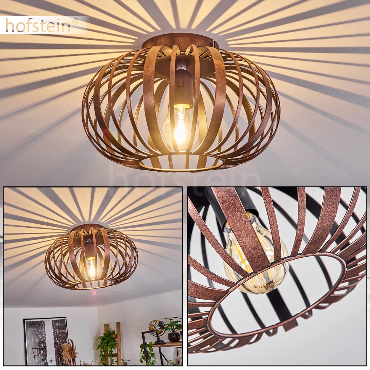 Plafondlamp Oravi Rond Metaal Koperkleur – Retro Vintage 1-Lichts Lamp 30cm