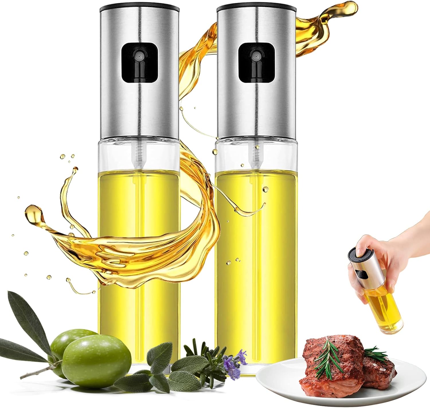 2Pcs Olive Oil Sprayer Bottle Oil Sprayer, Portable Glass Oil Dispenser for Spray, Refillable Oil Mister Bottle for Air Fryer, Kitchen Gadgets Accessories for Cooking Salad Baking Frying BBQ