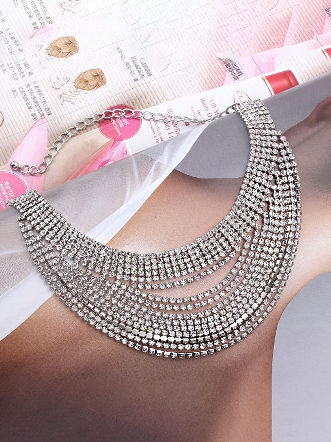 Silver Choker Western Multilayer Rhinestone Tassle Statement Necklace