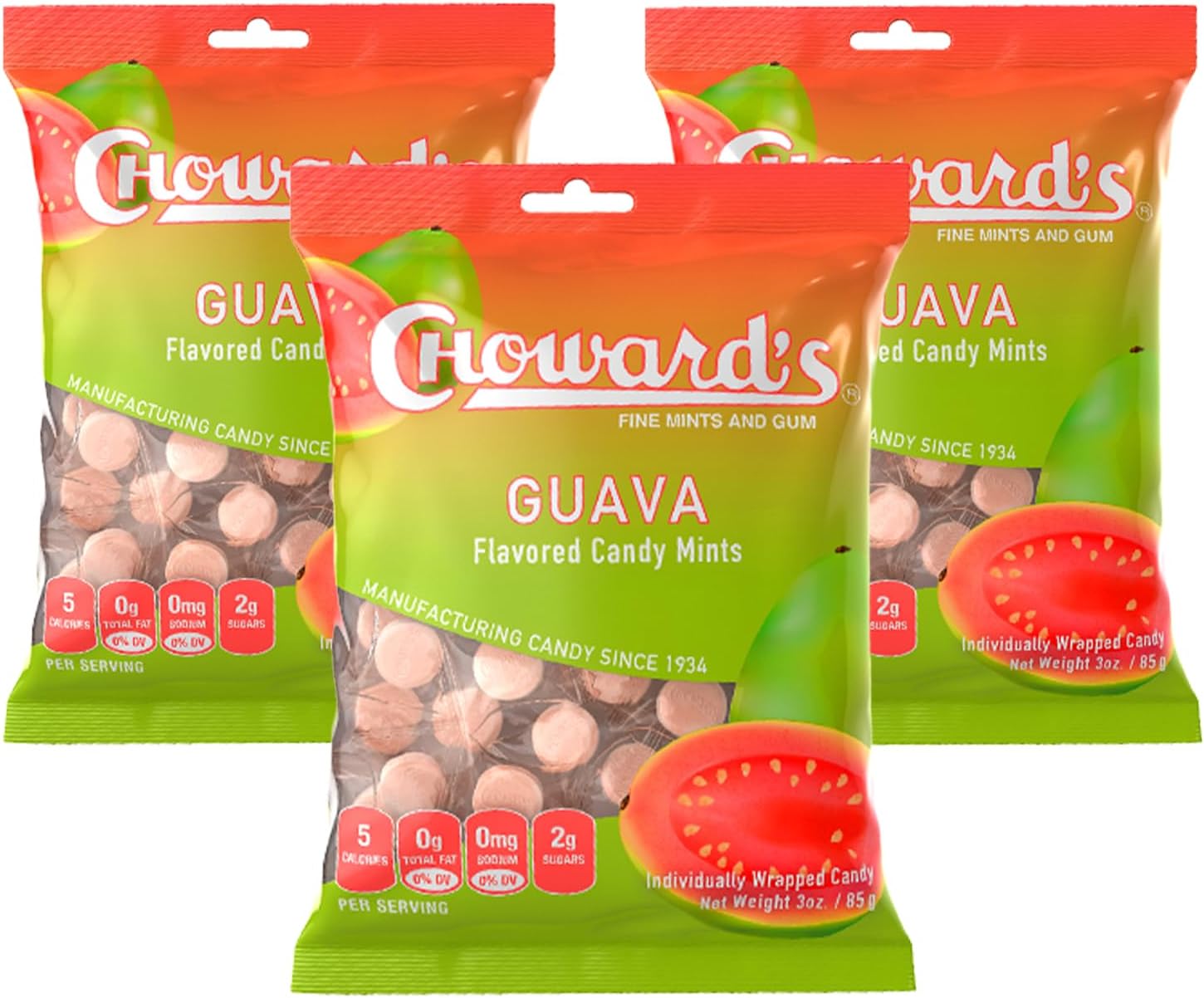 Choward's 3oz Guava Candy Bags 3 Pack | 49 Pieces Individually Wrapped Candy Mints | Delicious Guava Candy Bags | Perfect for Snacks in Lunch Boxes, Pockets, Goodie Bags, and Birthday Parties