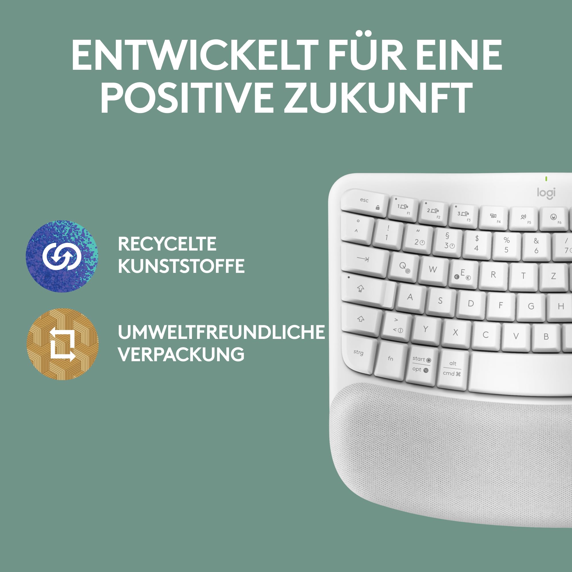 Logitech Wave Keys kabellose ergonomische Tastatur, gepolsterte Handballenauflage, natürliches Tippen, Easy-Switch, Bluetooth, Logi Bolt, Multi-OS,Windows/Mac, Deutsches QWERTZ Layout-Weiß
