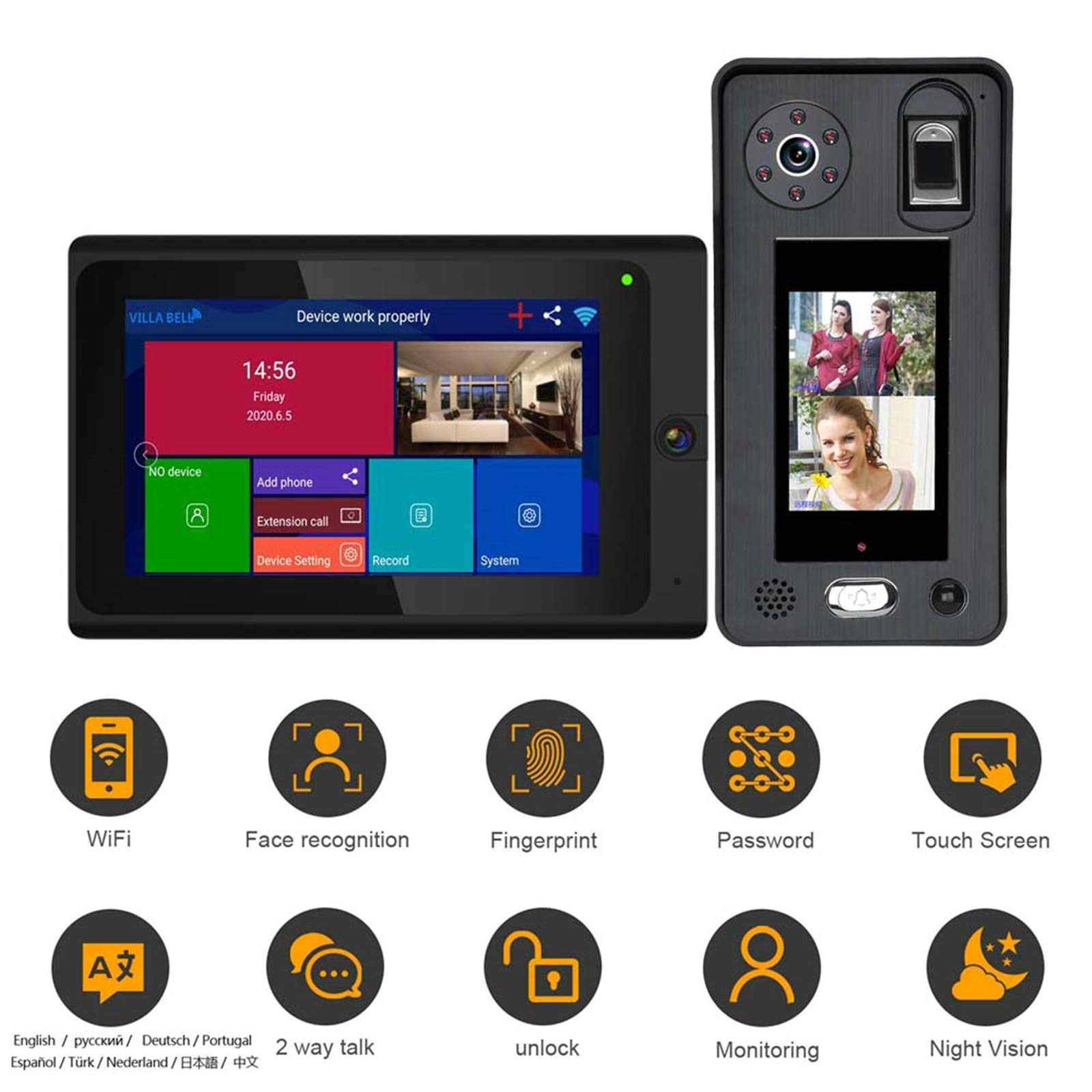 Bezprzewodowy dzwonek wideo Wifi, kamera 1080P 7-calowy system wideodomofonowy, 3 monitory, domofon, hasło Odciski palców Odblokowanie APP rozpoznawania twarzy