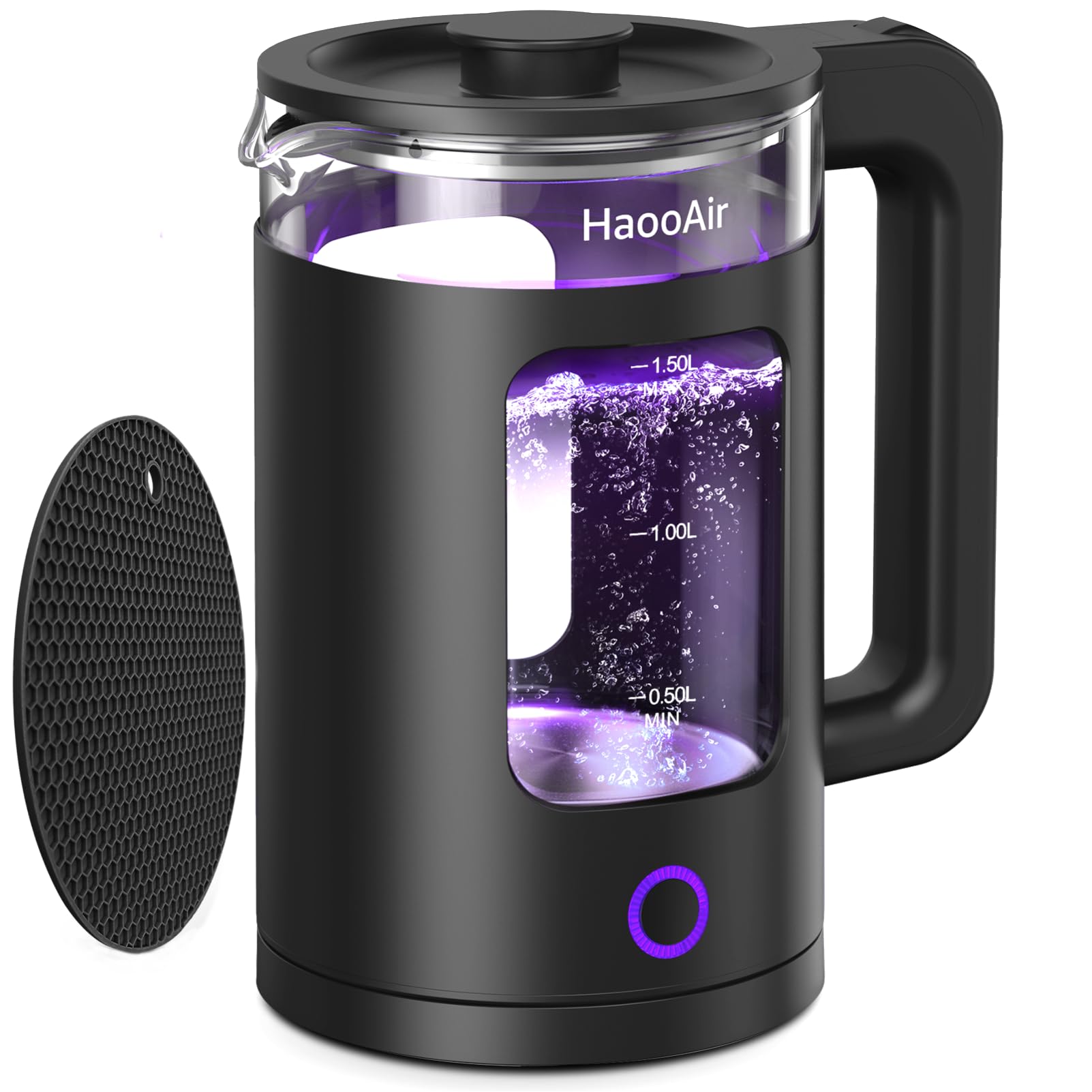 HaooAir Electric Kettle – 7-Colorful LED, Stainless Steel Bottom. Made of Easy-To-Clean Glass Material, Boils Quickly and Silently, BPA-Free, Equipped with Black Mat, and Features Dry-Burn Protection. — image 1