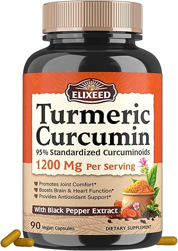 Elixeed Curcumina de cúrcuma 1200 mg, 95% curcuminoides, extracto de pimienta negra para una absorción superior, respuesta antioxidante y