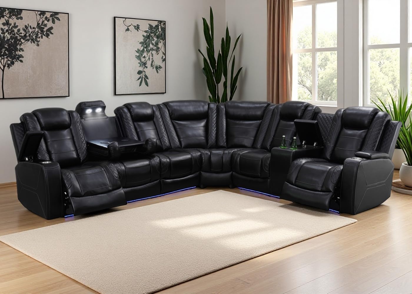 Anthato Power Sectional Recliner Sofa Set, Black Leather Reclining Sectional, Living Room Furniture Sets, Breathing Leather Corner Sofa with Cup