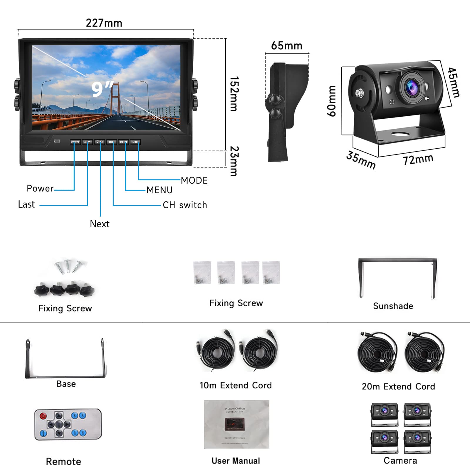 Caméra de Recul Véhicule 1080P avec DVR 9 Pouces Moniteurs 4 écrans Dvisés, 4 Caméras AHD IP68 étanches Vision Nocturne, Hodozzy Caméra Avant Arrière Latérale avec Câble 2*10 m et 2*20 m, pour Camion