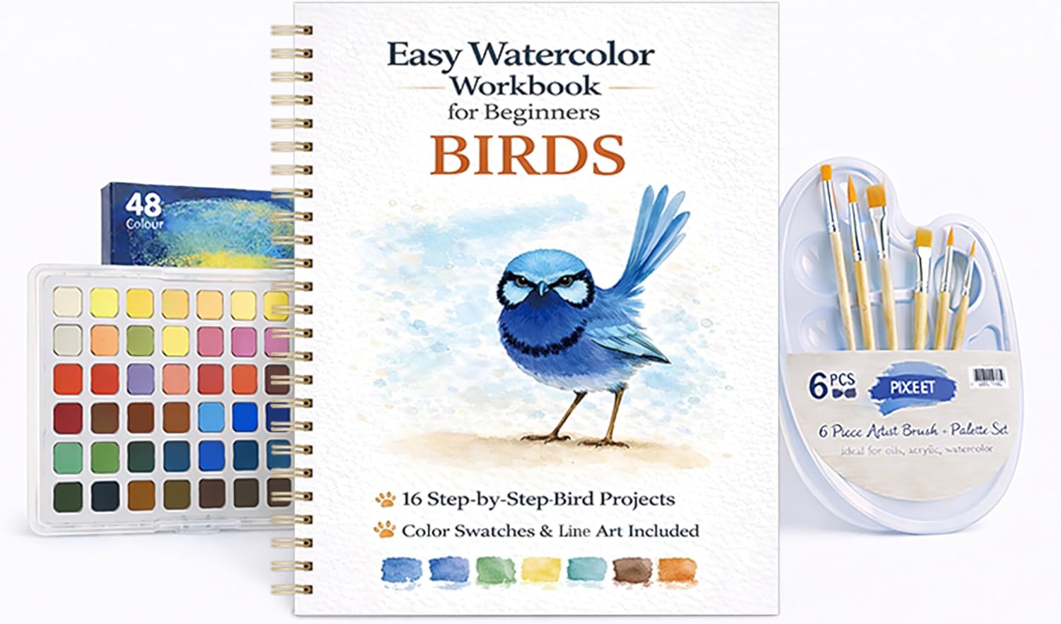 Watercolor Workbook for Beginners – Birds, 16 Original Watercolor Projects, Watercolor Kit with 48 Colors Paint Set, 6 Brushes & Palette, Watercolor Workbook for Adults,Creative Art Gift