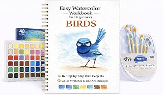 Easy Watercolor Workbook for Beginners – Birds, 16 Original Watercolor Projects, Watercolor Workbook for Adults with 48 Colors Paint Set, 6 Brushes & Palette, Relaxing Painting Gift