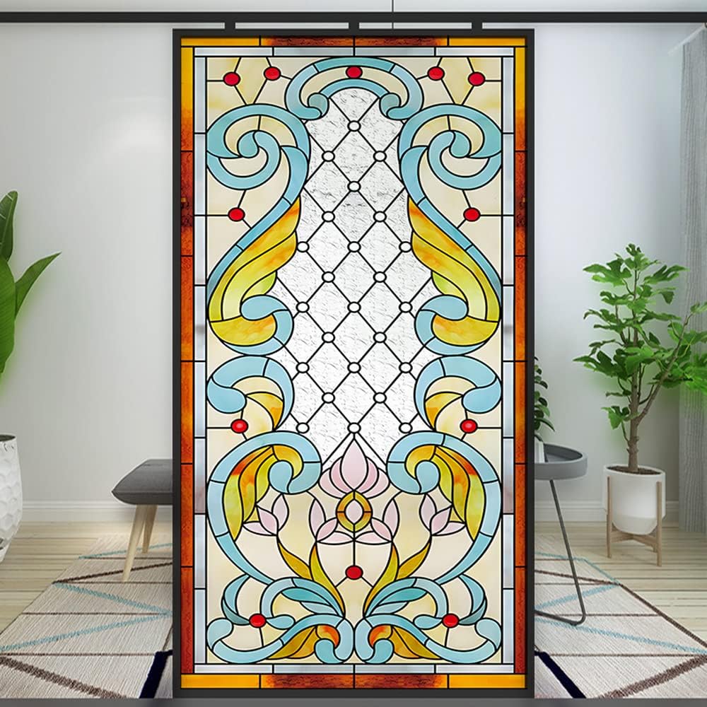 Window Film Privacy Stained Glass Stickers Static Cling Church Decorative Colour Coverings Vinyl Non Adhesive Decals for Home Design 19.7"x55.1"(50x140cm)