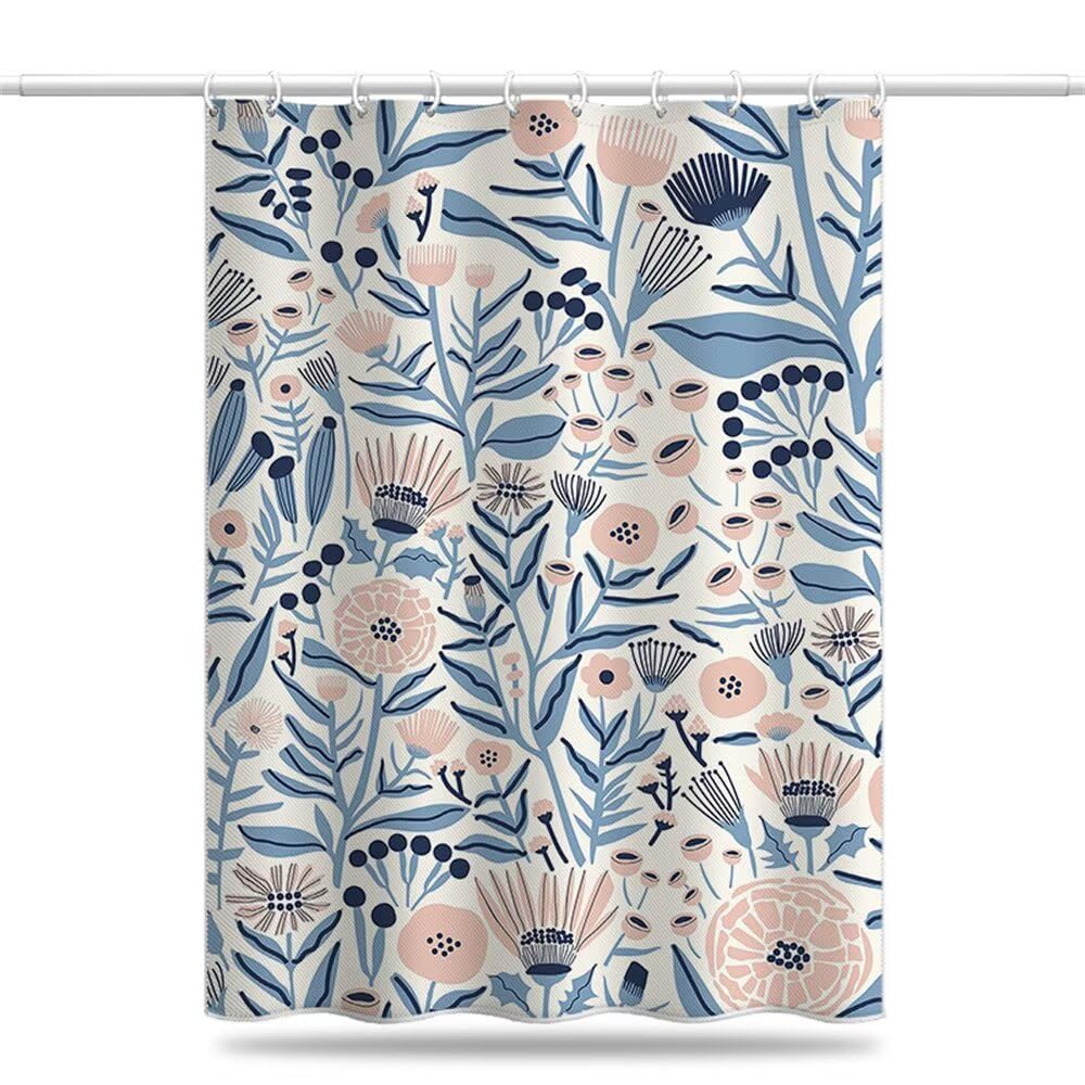 Shower Curtain Plant and Floral Mould & Mildew Resistant Blue Aesthetic Shower Curtains for Bathroom 240cm x 200cm Drop, Washable Waterproof Polyester Bath Curtain with Hooks 94 x 79 Inch (LB1327)