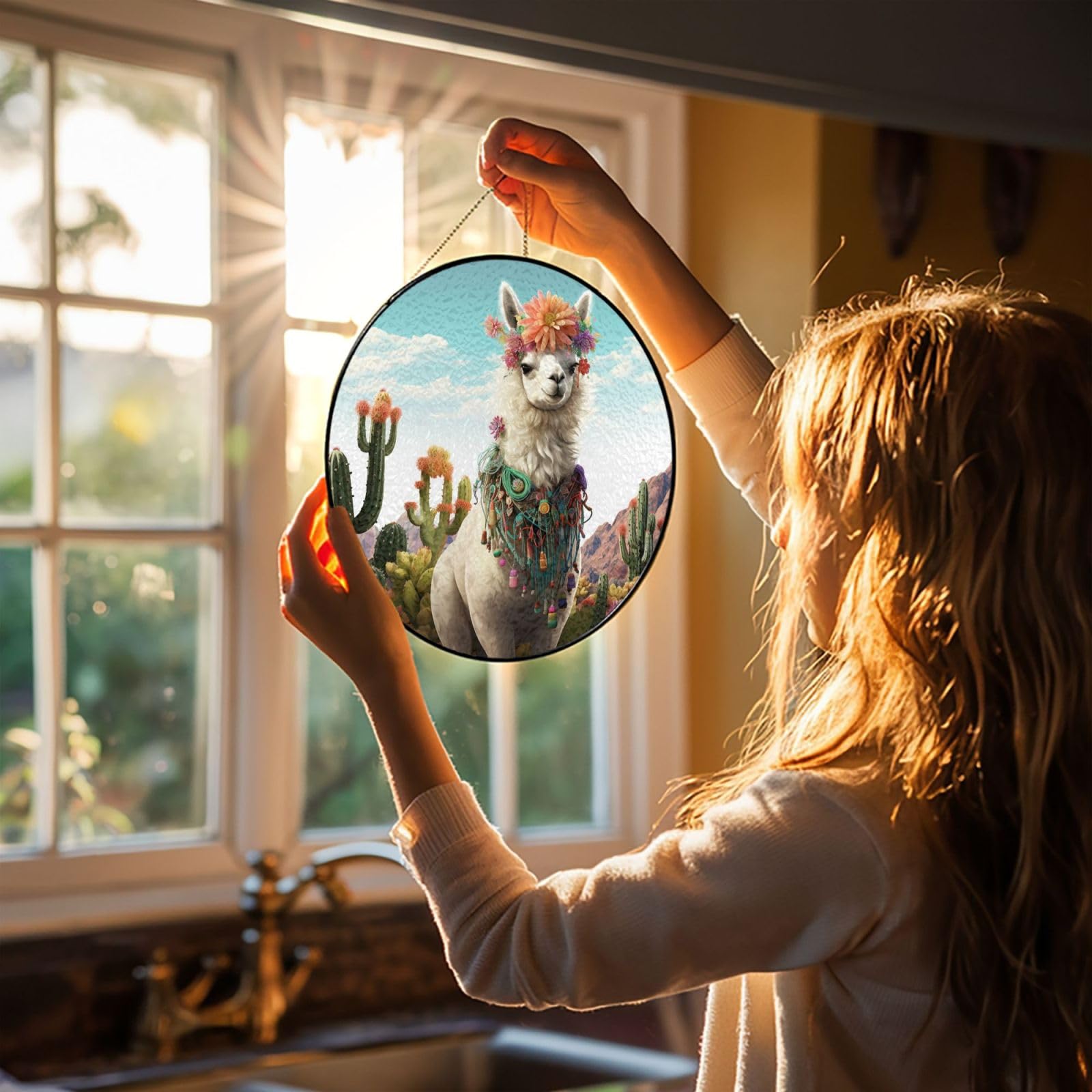 6in Stained Glass Window Hanging,Window Suncatcher Glass Panel with Metal Chain Mexican Llama Cactus Sun Catchers Wall Art Home Decor Gift for Women Mother's Day