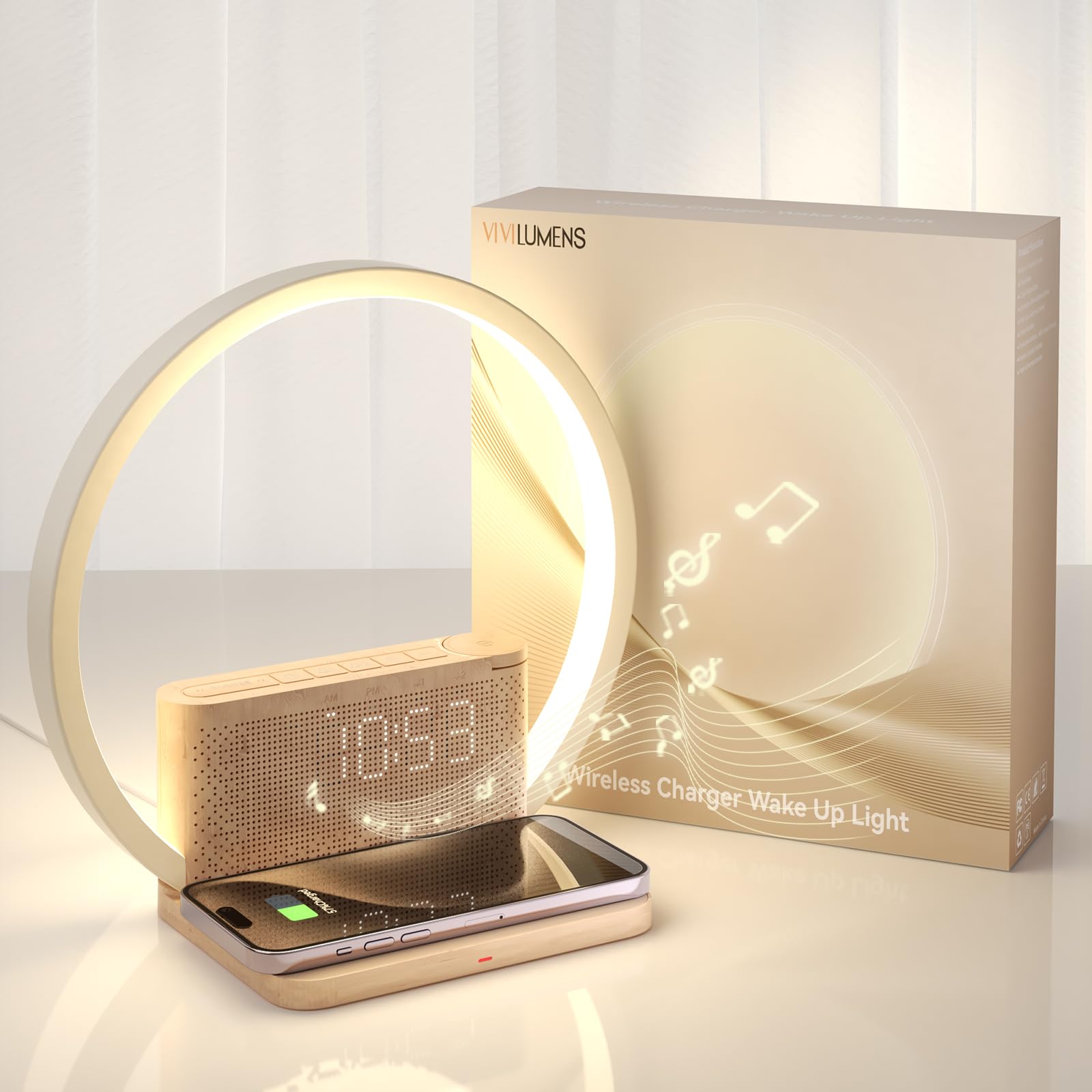 Vivilumens Sunrise Alarm Clock Wireless Charger 10 White Noise Sound Machine Alarm Clock with 30 60 90 Mins