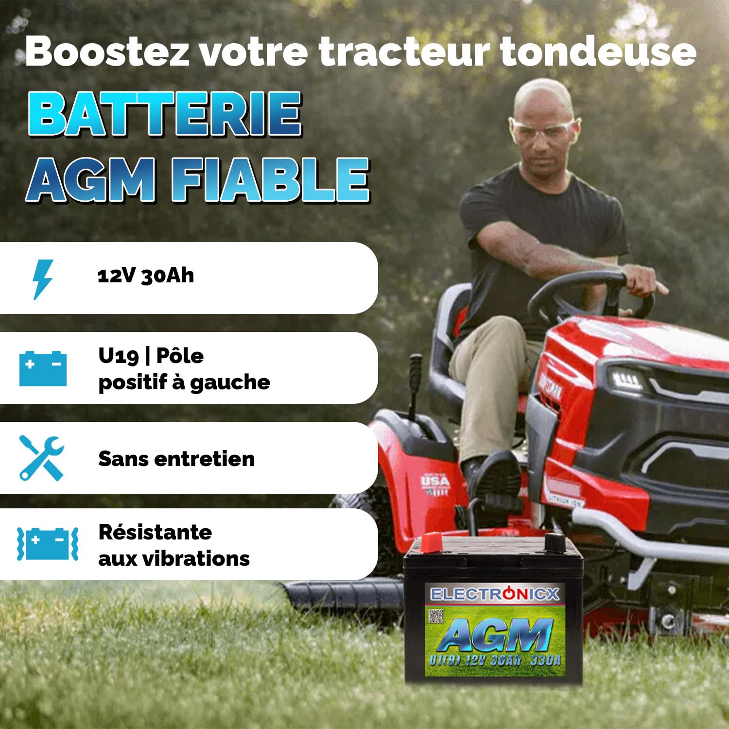 Batterie 30Ah AGM Premium pour Tondeuse et Tracteur - Compatible Batterie Tondeuse Autoportée Idéale 30 Ah Tondeuse MTD, Briggs et Stratton Plus U19