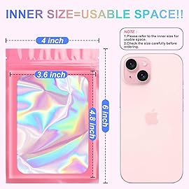 100 Pack Holographic Bags,Smell Proof Packaging Bags, Clear Window Resealable Odor Foil Pouch Mylar Bag for Food Storage and Lipgloss, Jewelry Lash (Pink, 4 x 6 Inch)