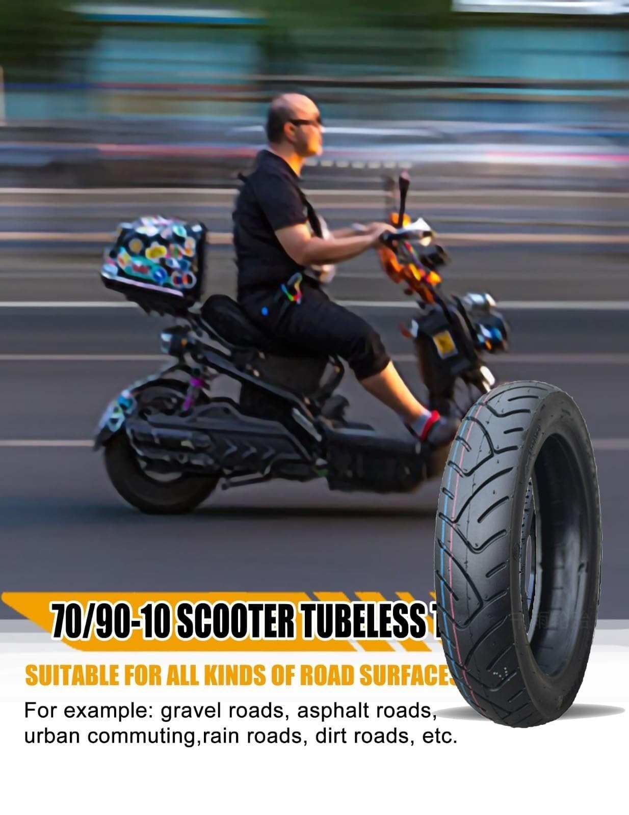 70/90-10 Pneu Tubeless pour Scooter, Pneumatique de Remplacement Route pour Roue Avant Arrière, 4 TR 43J 250 kPa Charge Max 340 LBS