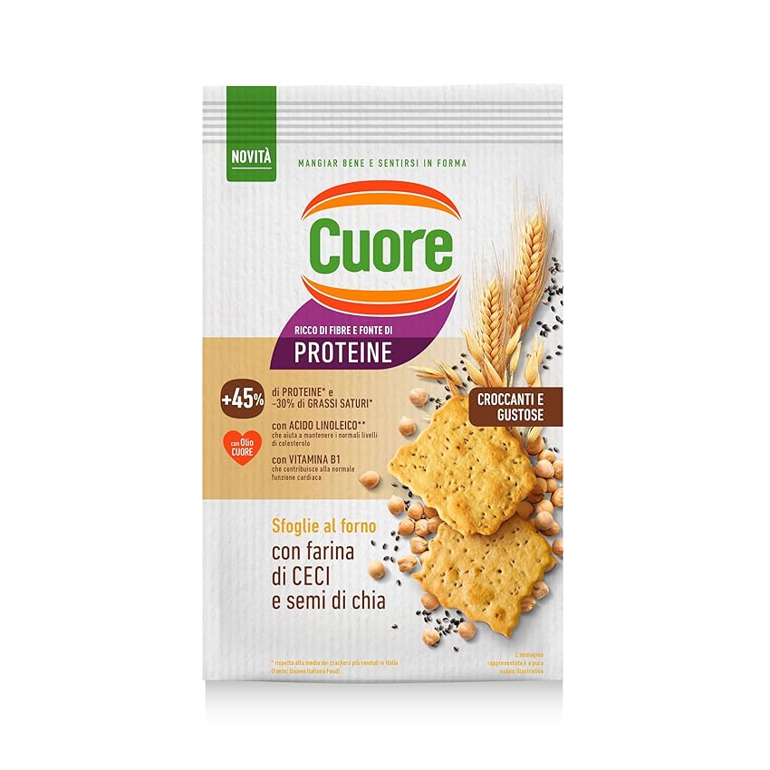 Cuore - Sfoglie Ceci Croccanti, Cotte al Forno. Confezione da 170 g, con Farina di Ceci, di Orzo, di Avena e Semi di Chia. Ricche di Fibre e Fonte di Proteine