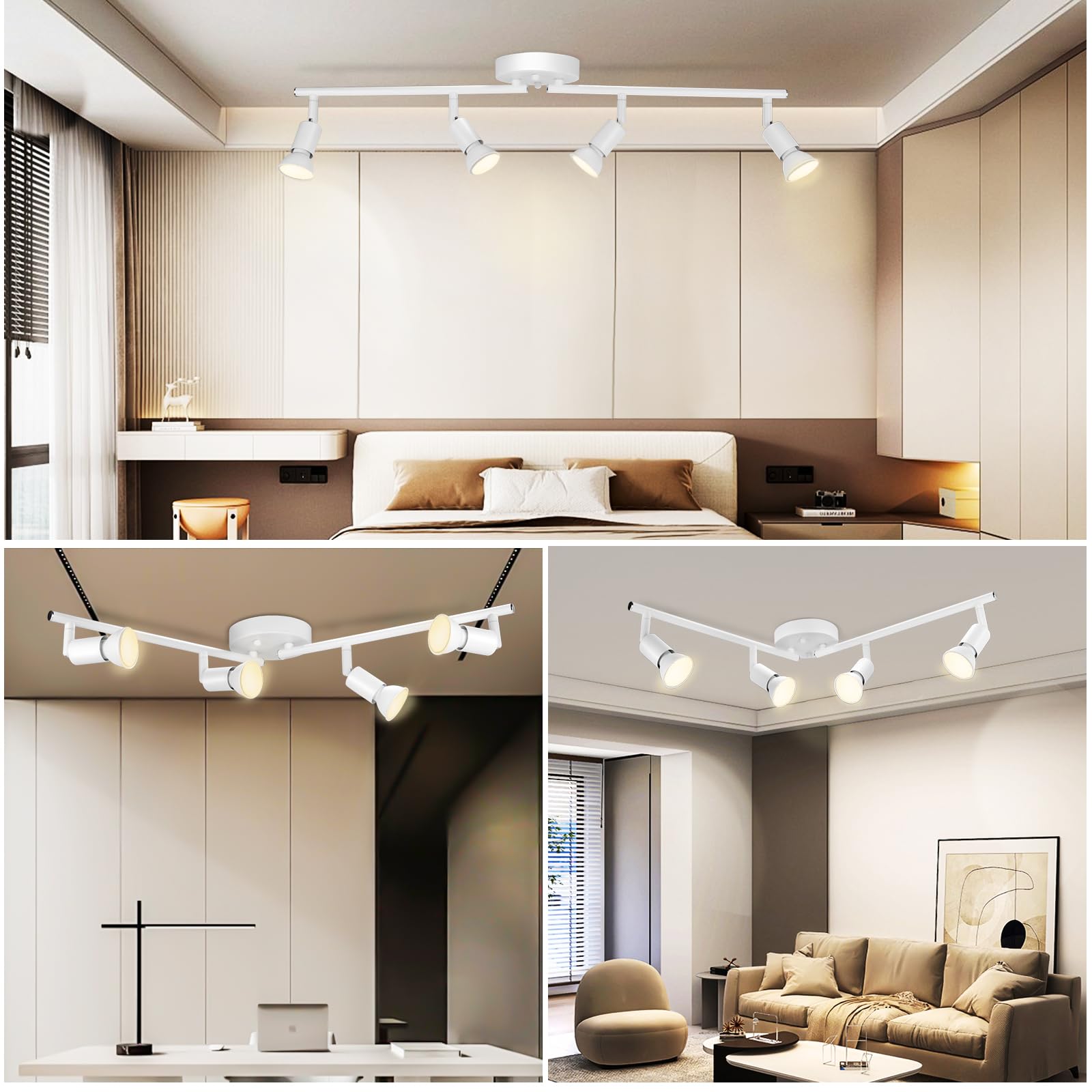 Accesorio de iluminación de riel de 4 luces, cabezales giratorios GU10, blanco mate, bombillas no incluidas, perfecto para cocina, oficina, lavandería, comedor 5